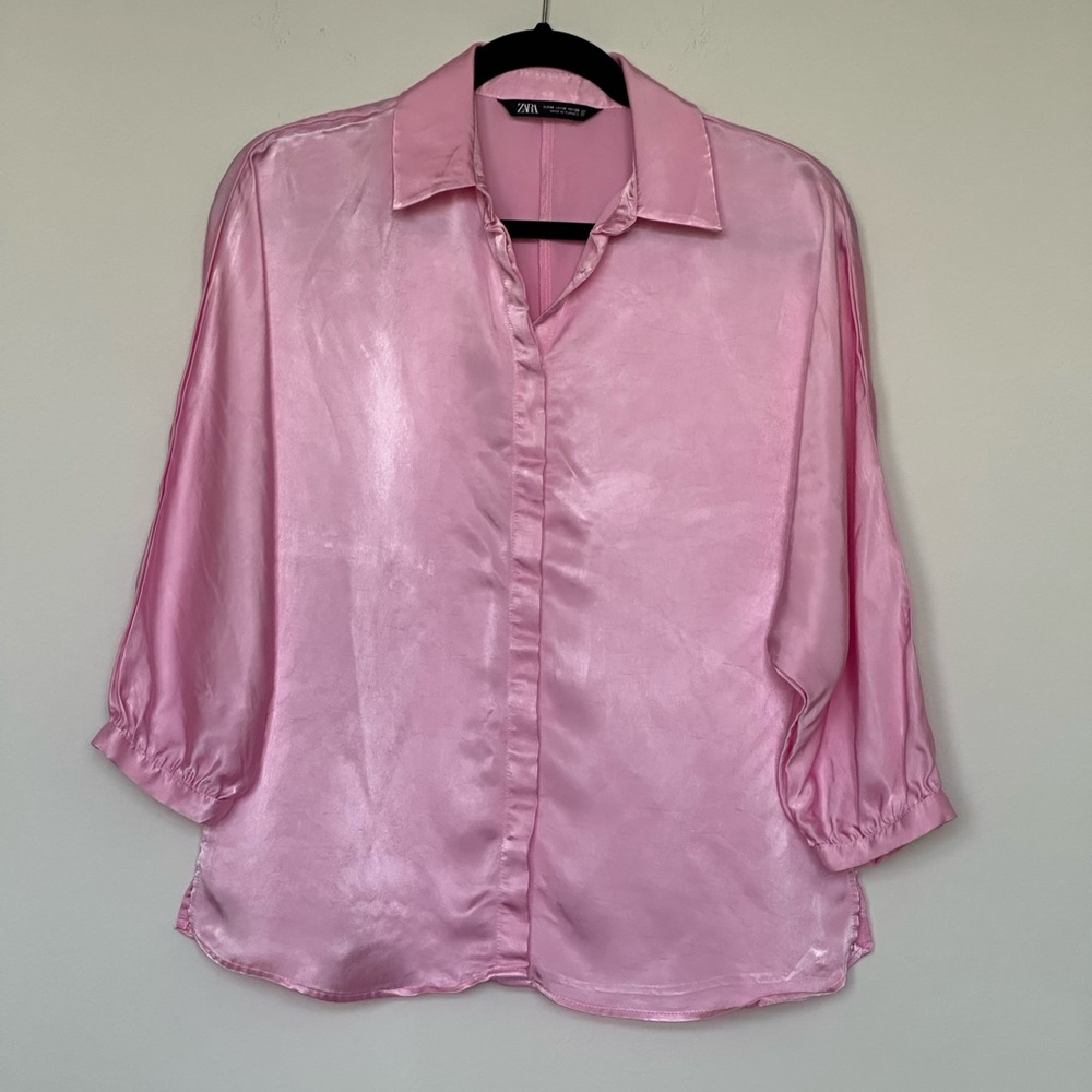 Zara Pink‎ Satin Blouse 3 Quarter Sleeves Size M